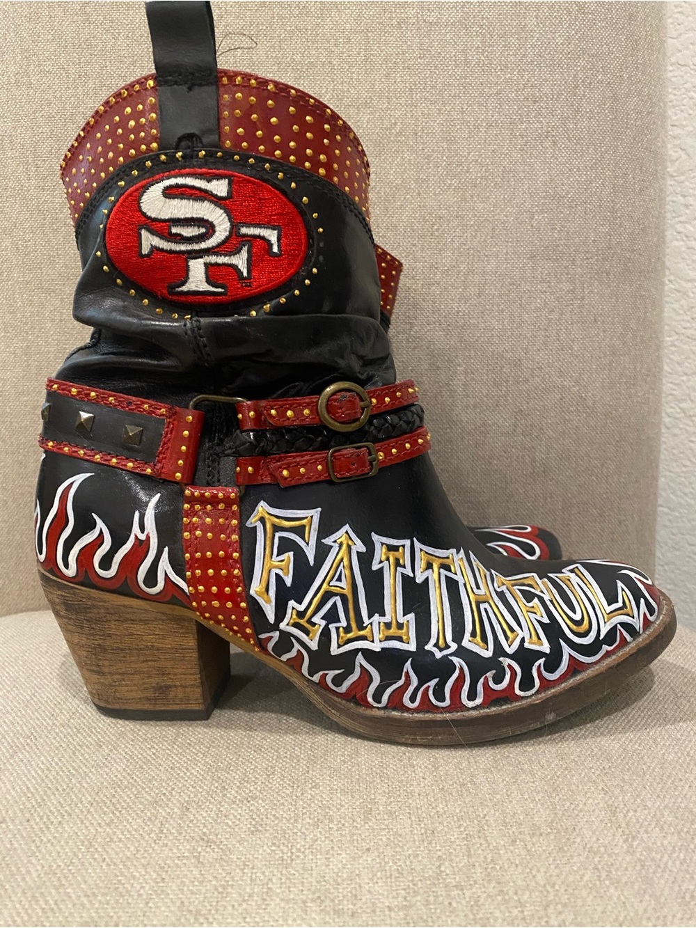 Custom 49er Faithful Black & Red Studded Western Ankle Boots - Women's